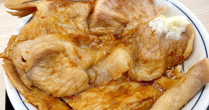 本日発売のかつや新作「大判豚の生姜焼きとチキンカツの合い盛り丼」、トリプルを頼んだら肉のフタだった