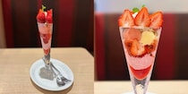 デニーズ「あまおうのまっぷたつ？ パフェ🍓」にビックリ！ 正面は写真映えはそのまま、でも反対側から見ると…？