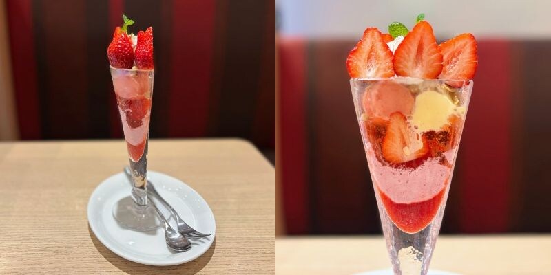 デニーズ「あまおうのまっぷたつ？ パフェ🍓」にビックリ！ 正面は写真映えはそのまま、でも反対側から見ると…？
