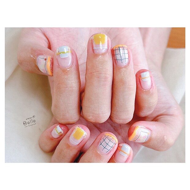 【カラフルネイル】おすすめ!チェックとブロックアートで可愛く元気に!
