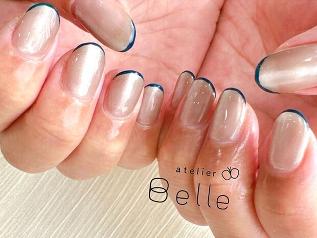【上品細フレンチネイル】オケージョンにも！マグネットカラーにブルーが映えて大人っぽい