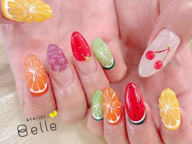 【フルーツネイル】レモンにスイカにオレンジ!カラフルジューシー夏ネイルのできあがり