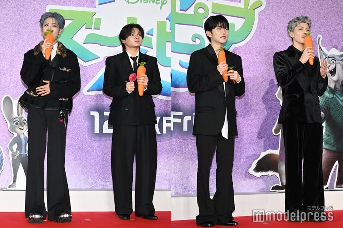 MAKI（&TEAM）・HAYATO（MAZZEL）・aoen雅久＆礼央、4人でレッドカーペット登場 MAKIは「狼」意識のスタイリング 【ズートピア２】