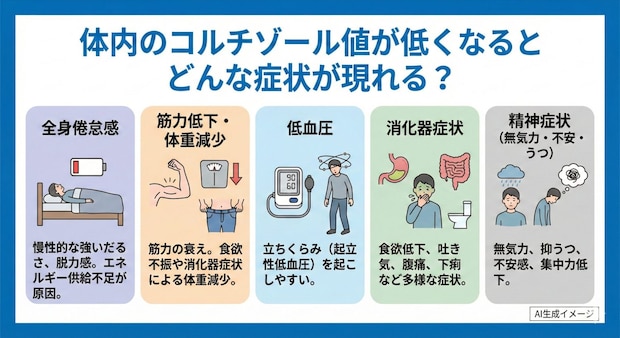 体内のコルチゾール値が低くなるとどんな症状が現れる？