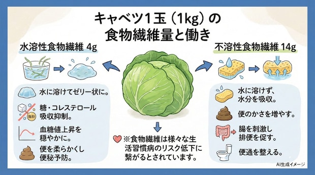 キャベツ1玉の水溶性・不溶性食物繊維量は？