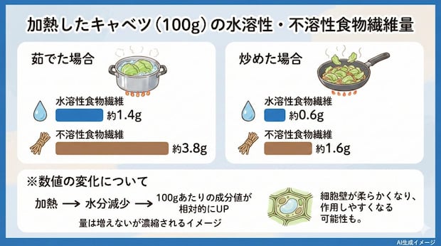 加熱したキャベツの水溶性・不溶性食物繊維量は？