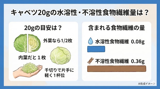 キャベツ20gの水溶性・不溶性食物繊維量は？