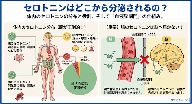 セロトニンはどこから分泌されるの？