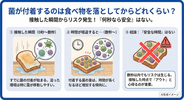 菌が付着するのは食べ物を落としてからどれくらい？