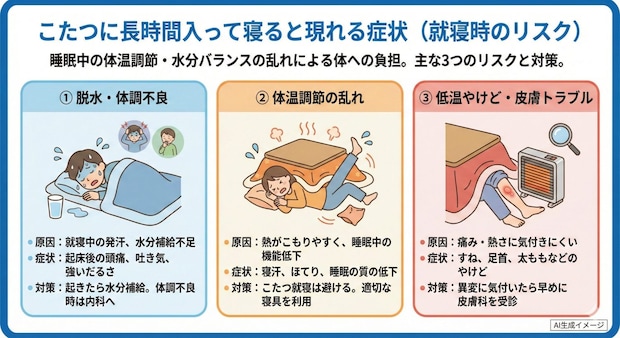 こたつに長時間入って寝ると現れる症状
