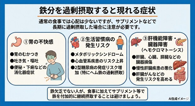 鉄分を過剰摂取すると現れる症状