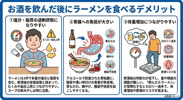 お酒を飲んだ後にラーメンを食べるデメリット
