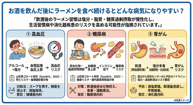 お酒を飲んだ後にラーメンを食べ続けるとどんな病気になりやすい？