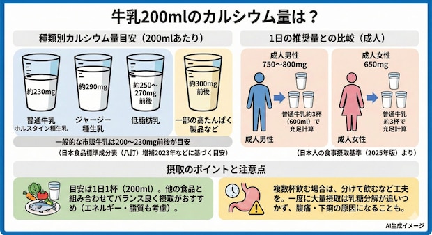 牛乳200mlのカルシウム量は？