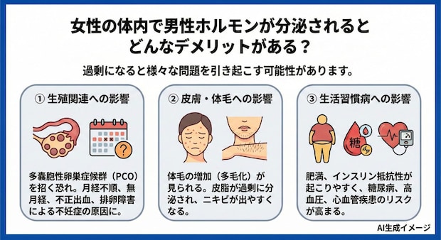 女性の体内で男性ホルモンが分泌されるとどんなデメリットがある？
