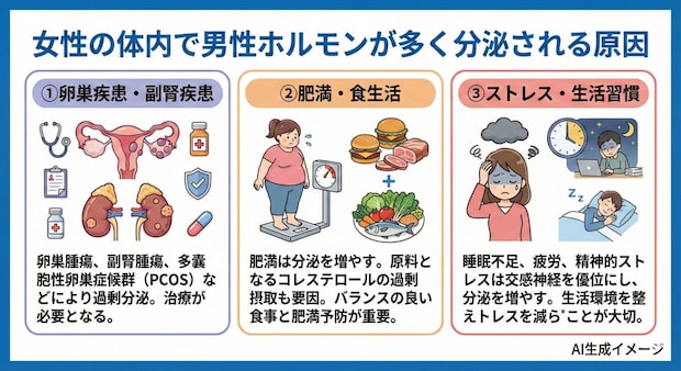 女性の体内で男性ホルモンが多く分泌される原因