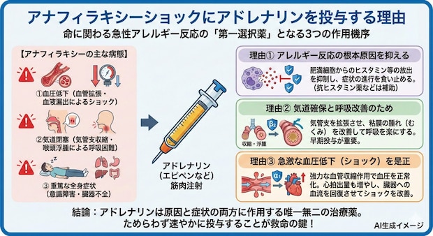 アナフィラキシーショックを発症するとアドレナリンを投与する理由
