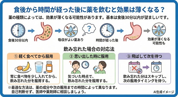 食後から時間が経った後に薬を飲むと薬の効果は薄くなるの？