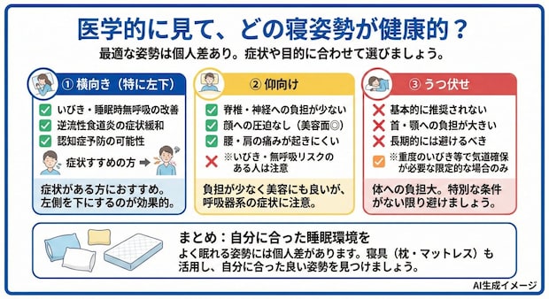 医学的に「仰向け」「うつ伏せ」「横向き」どの姿勢で寝ると健康的？