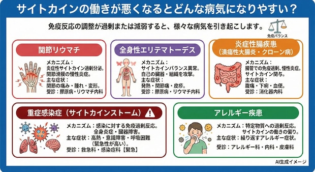 サイトカインの働きが悪くなるとどんな病気になりやすい？