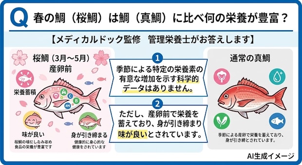 春の鯛（桜鯛）は鯛（真鯛）に比べ何の栄養が豊富？