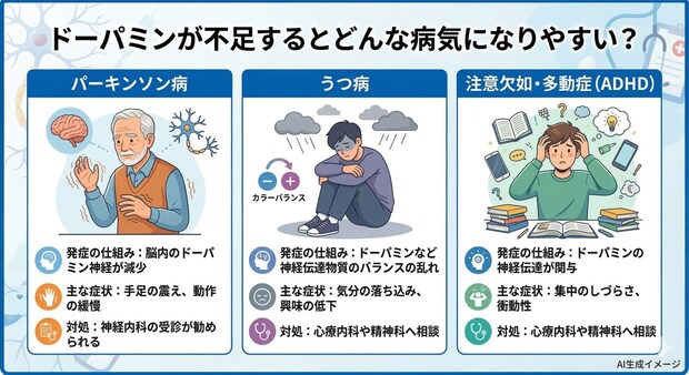 ドーパミンが不足するとどんな病気になりやすい？