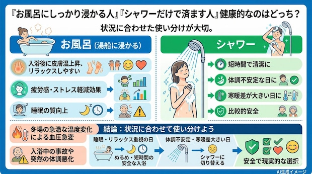 「お風呂にしっかり浸かる人」「シャワーだけで済ます人」どちらが健康的？