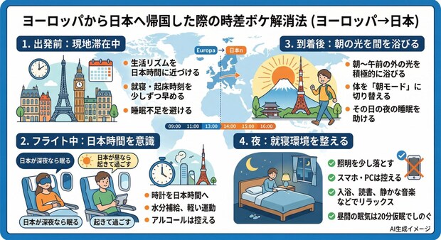 ヨーロッパから日本へ帰国した際の時差ボケの治し方