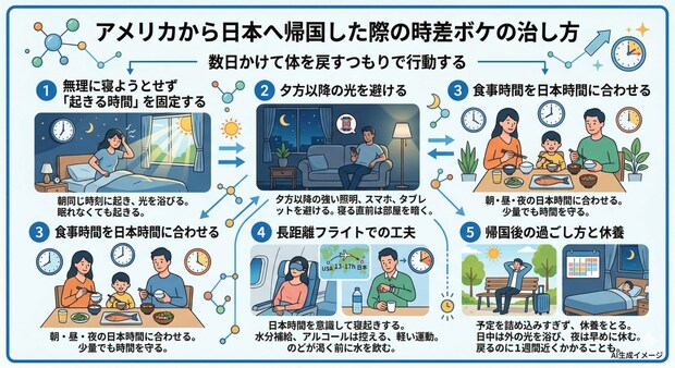 アメリカから日本へ帰国した際の時差ボケの治し方