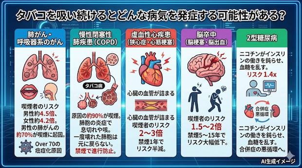 タバコを吸い続けるとどんな病気を発症する可能性がある?