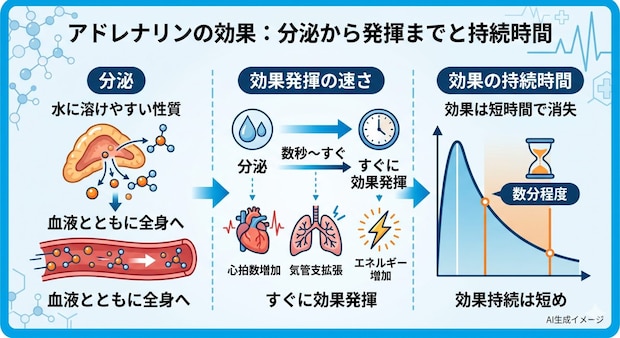 アドレナリンの効果が発揮されるのは分泌されてからどれくらい?