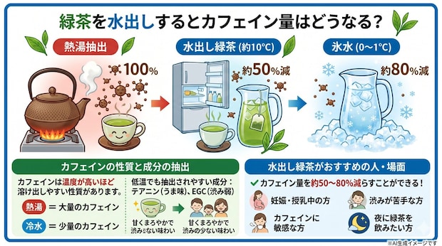 緑茶を水出しするとカフェイン量はどうなる？