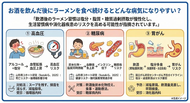 お酒を飲んだ後にラーメンを食べ続けるとどんな病気になりやすい？