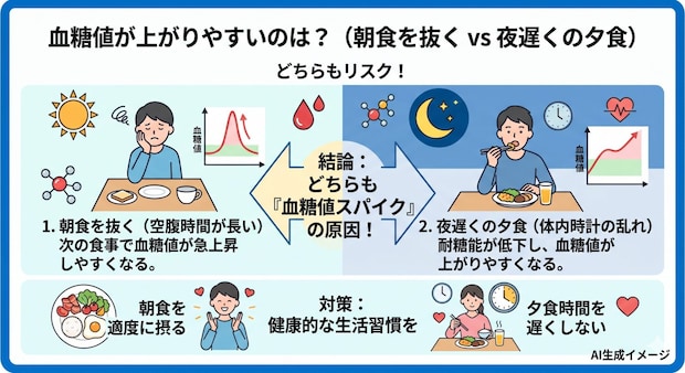 血糖値が上がりやすいのは「朝食を抜く」「夜遅くの夕食」どっち?