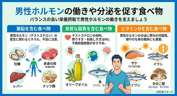 男性ホルモンの働きや分泌を促す食べ物