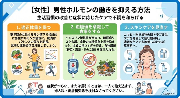 【女性】男性ホルモンの働きを抑える方法