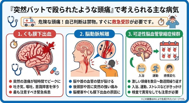 「突然バットで殴られたような頭痛」で考えられる病気