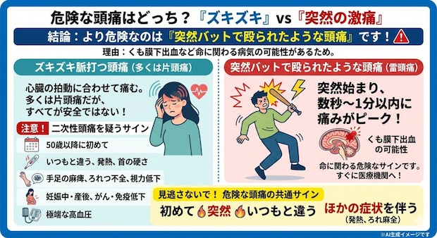 危険なのは「ズキズキ脈打つ頭痛」「突然バットで殴られたような頭痛」どっち？