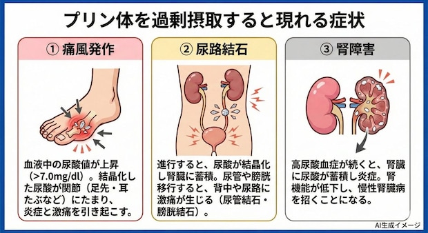 プリン体を過剰摂取すると現れる症状