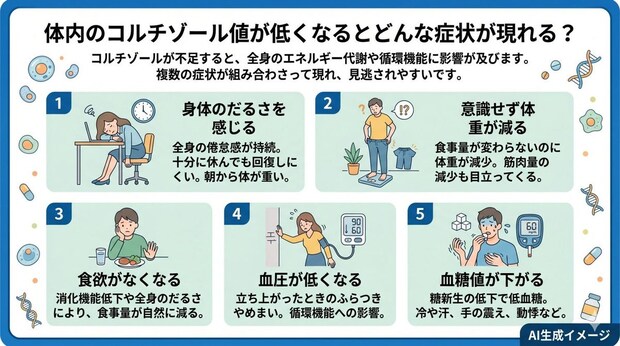 体内のコルチゾール値が低くなるとどんな症状が現れる？