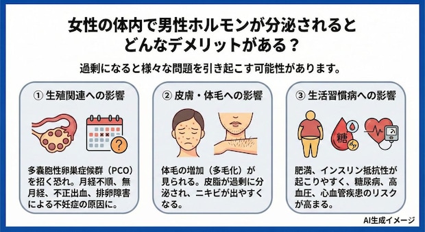 女性の体内で男性ホルモンが分泌されるとどんなデメリットがある？