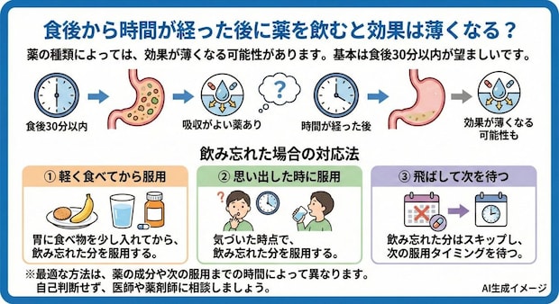 食後から時間が経った後に薬を飲むと薬の効果は薄くなるの？