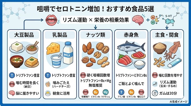 どんな食べ物を咀嚼するとセロトニンの分泌が増えやすい？