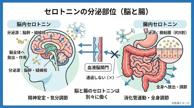 セロトニンはどこから分泌されるの？