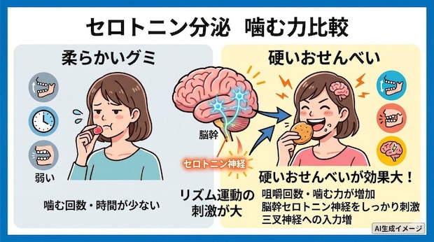 セロトニンの分泌が増えるのは「柔らかいグミ」と「硬いおせんべい」どっち？