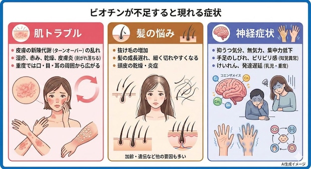 ビオチンが不足すると現れる症状