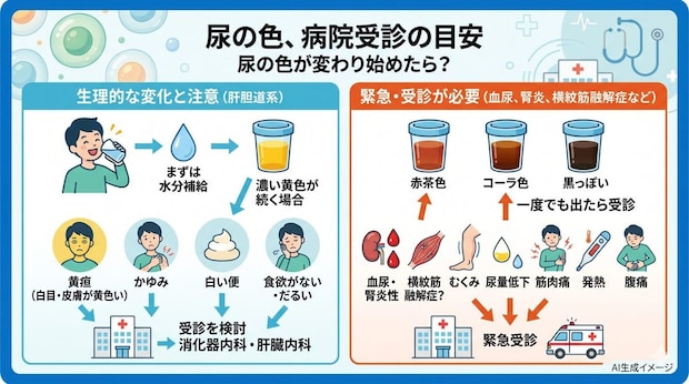 尿の色がどんな色になり始めたら病院を受診した方がいいの？