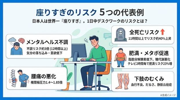 座りっぱなしの状態が続くとどんなリスクがある？