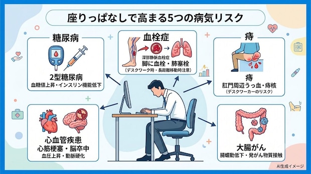座りっぱなしの状態が続くとどんな病気を発症しやすくなる？