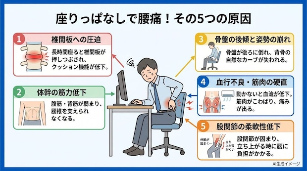 座りっぱなしの状態が続くと腰痛を引き起こす原因